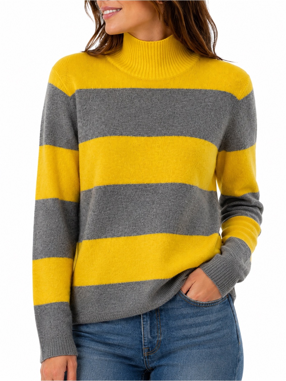 525 America 100% Cashmere Striped Turtleneck Sweater Gray Yellow Women’s M